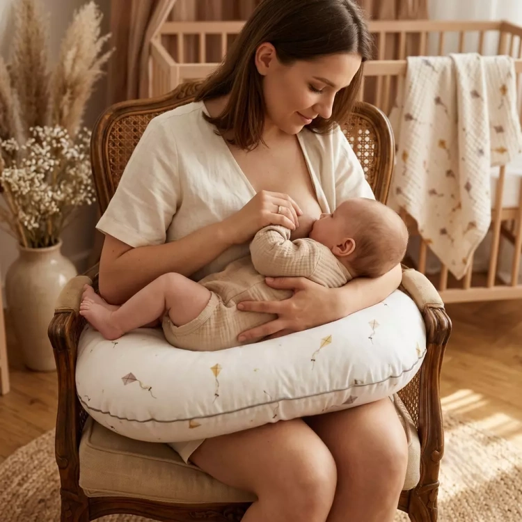 Rogal Poduszka Do Karmienia Bawełna Latawce wizualizacja karmiąca mama.webp