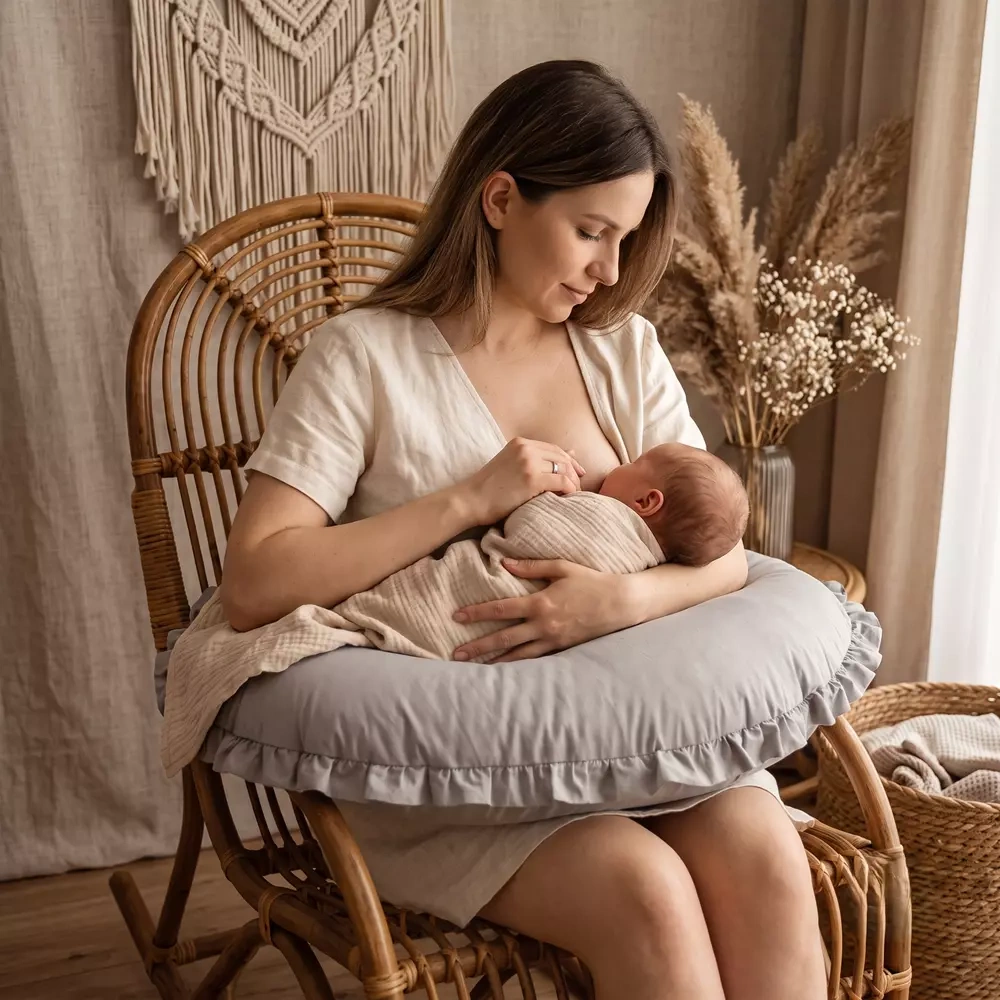 Rogal Poduszka Do Karmienia Bawełna Falbana Szara karmiąca mama.webp