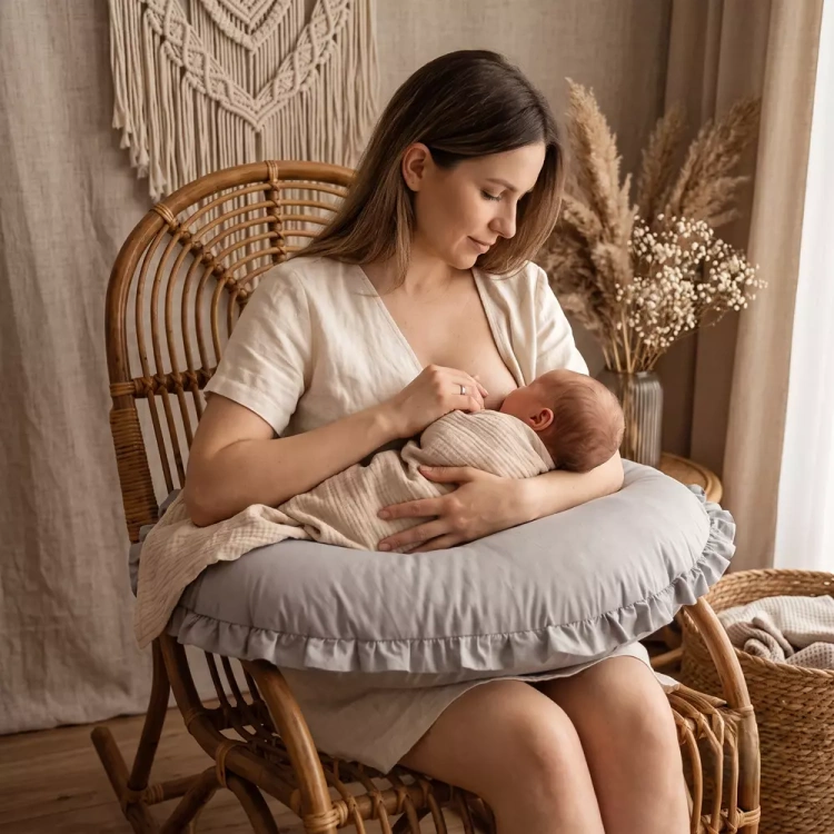Rogal Poduszka Do Karmienia Bawełna Falbana Szara karmiąca mama.webp