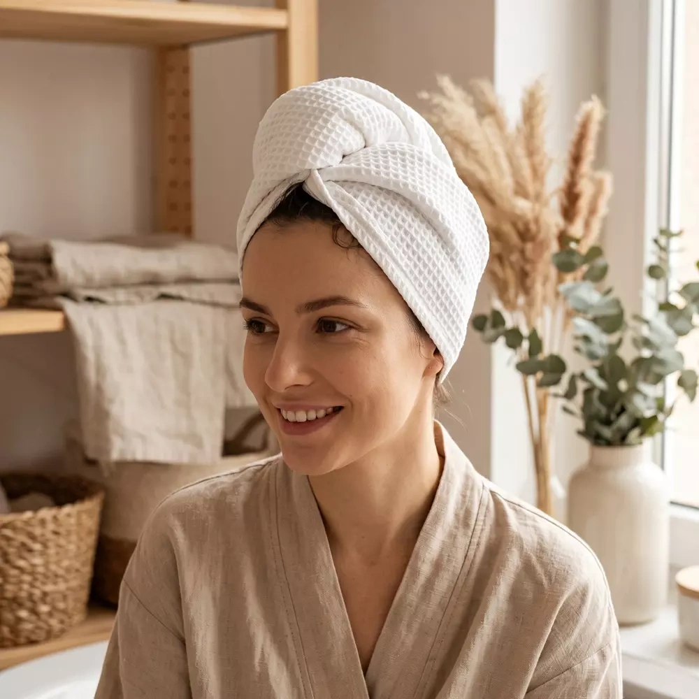 Wafelkowy turban do szuszenia włosów biały wizualizacja kobieta.webp