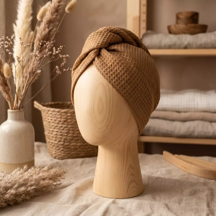 Wafelkowy turban do szuszenia włosów karmel wizualizacja manekin.webp