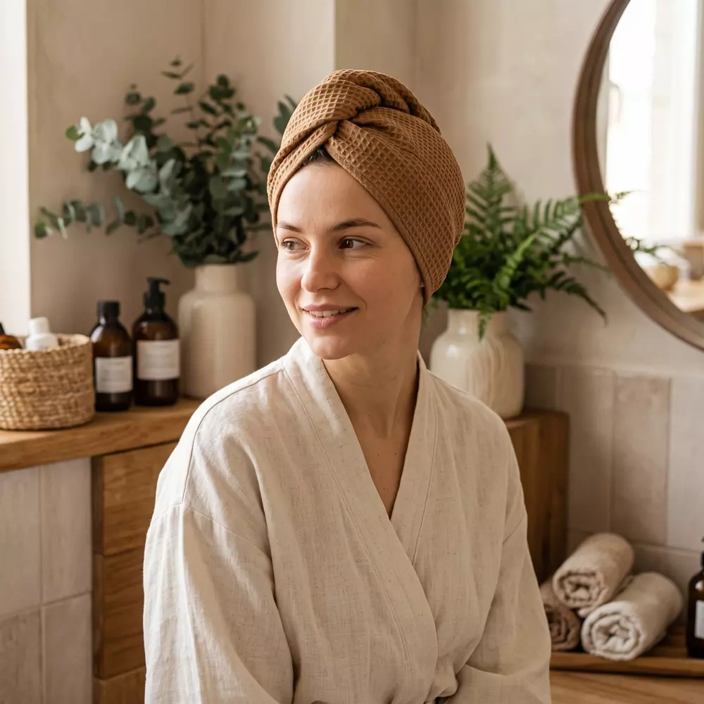 Wafelkowy turban do szuszenia włosów karmelowy wizualizacja kobieta.webp