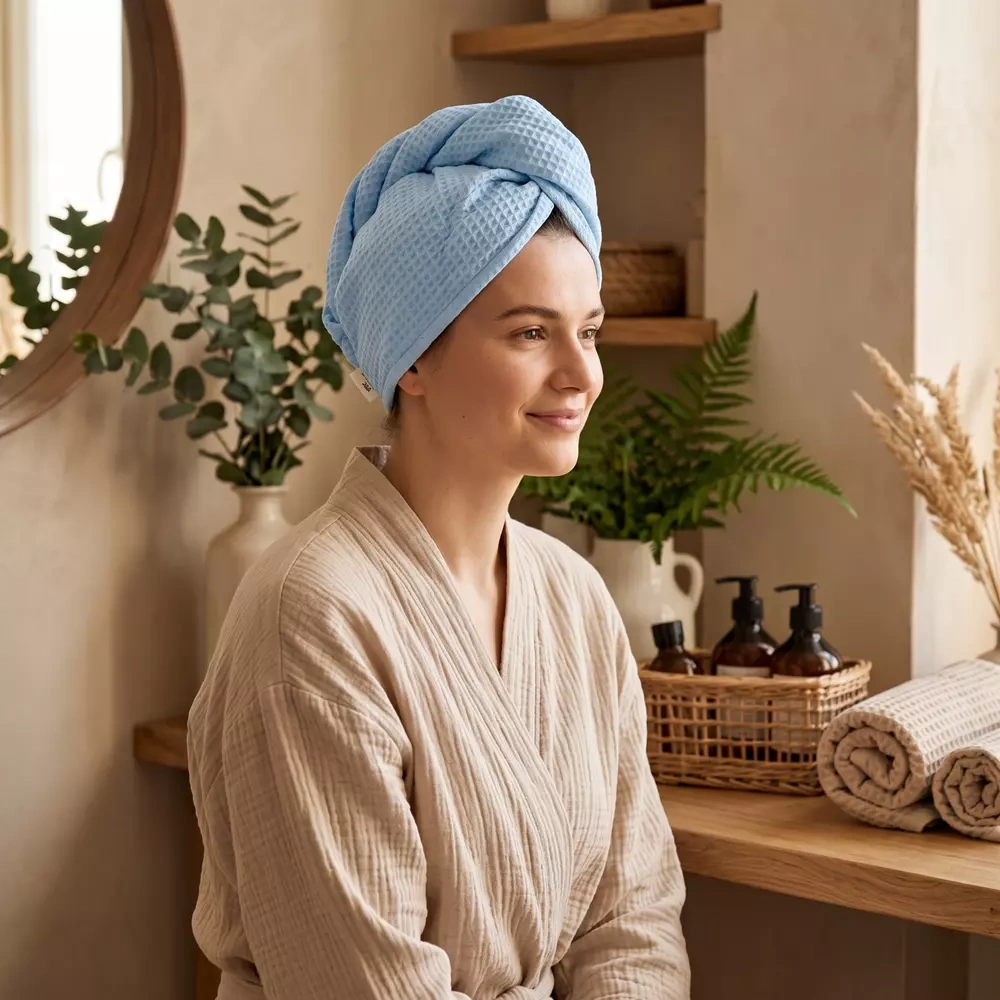 Wafelkowy turban do szuszenia włosów niebieski wizualizacja kobieta.webp