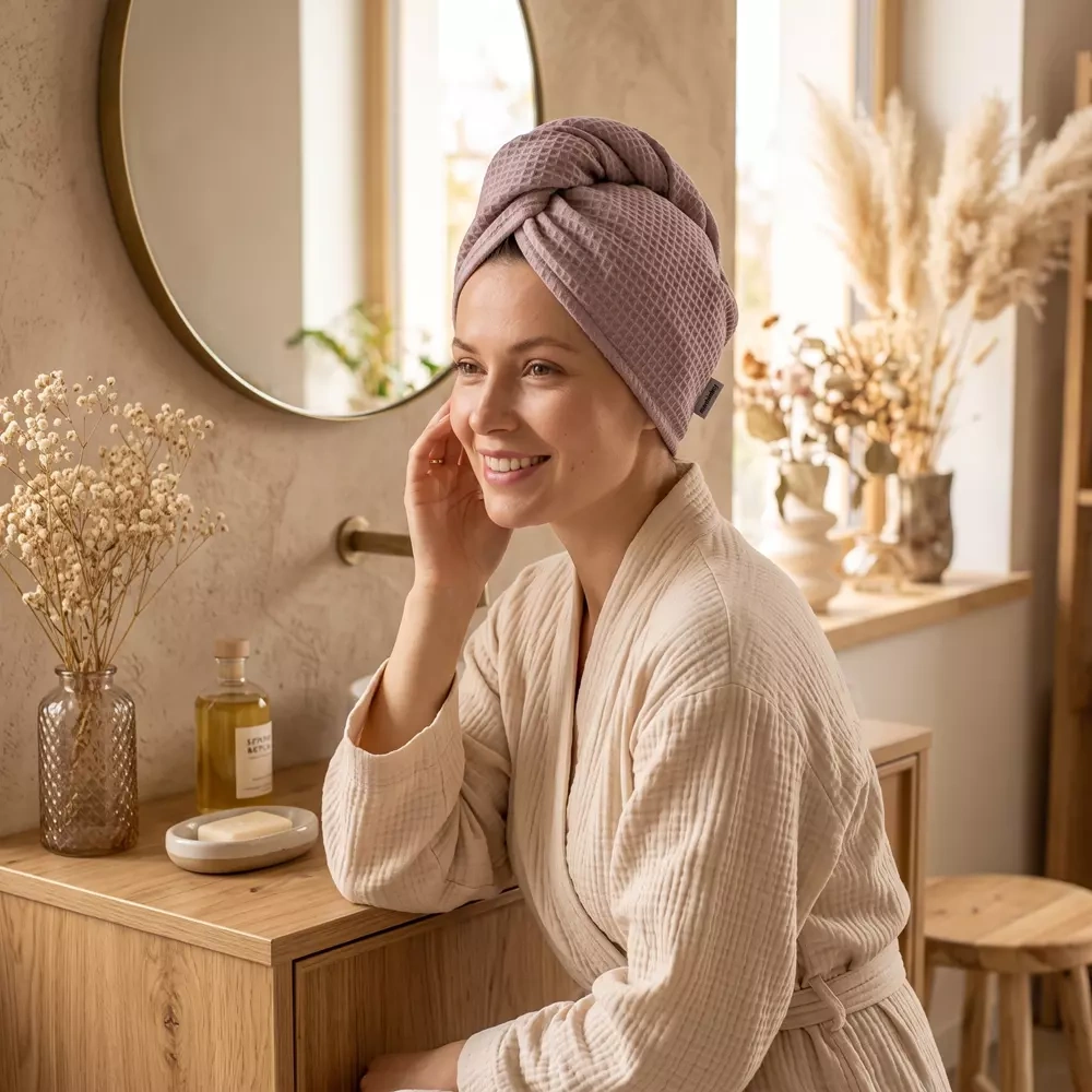 Wafelkowy turban do szuszenia włosów róż wizualizacja kobieta.webp
