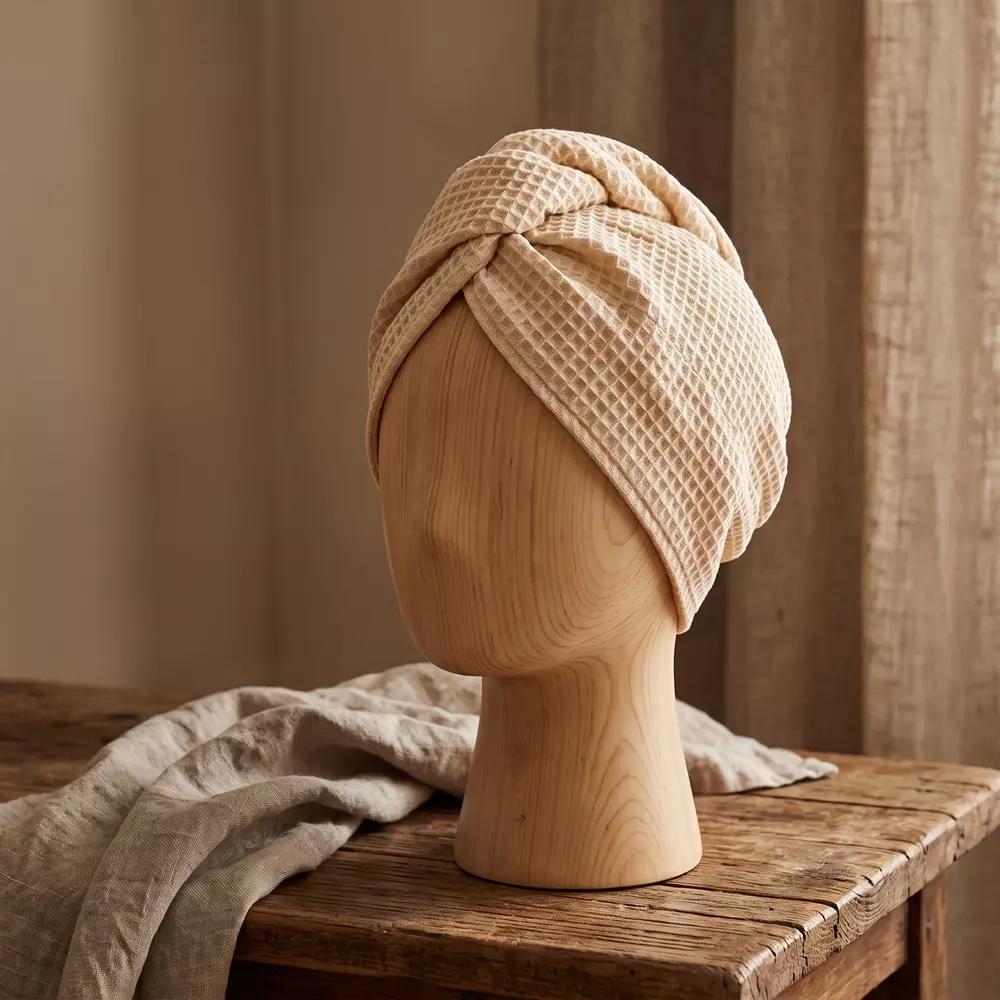 Wafelkowy turban do szuszenia włosów naturalny wizualizacja manekin.webp