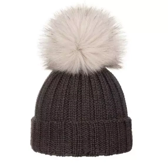 Czapka wełniana Merino brązowa z pomponikiem.webp